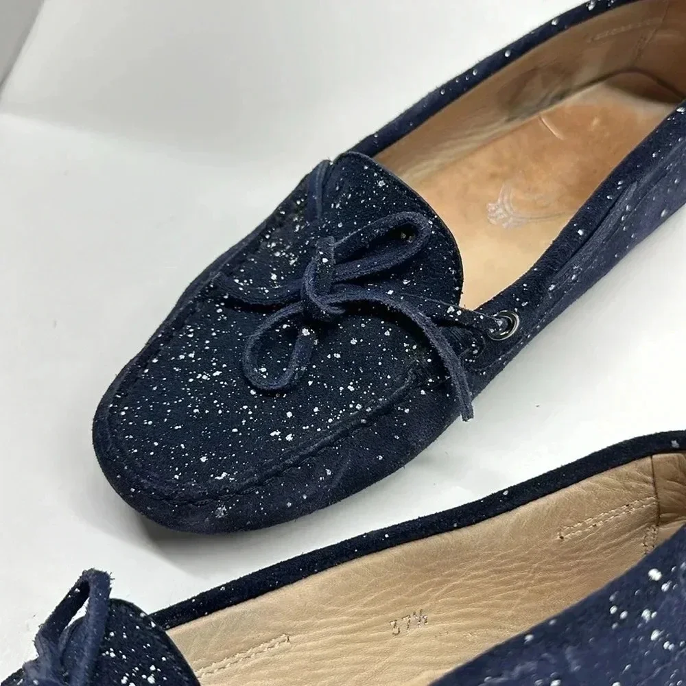 Tods Driving Moccasins Loafers Suede Leather Paint Splatter Navy Blue Size 7.5